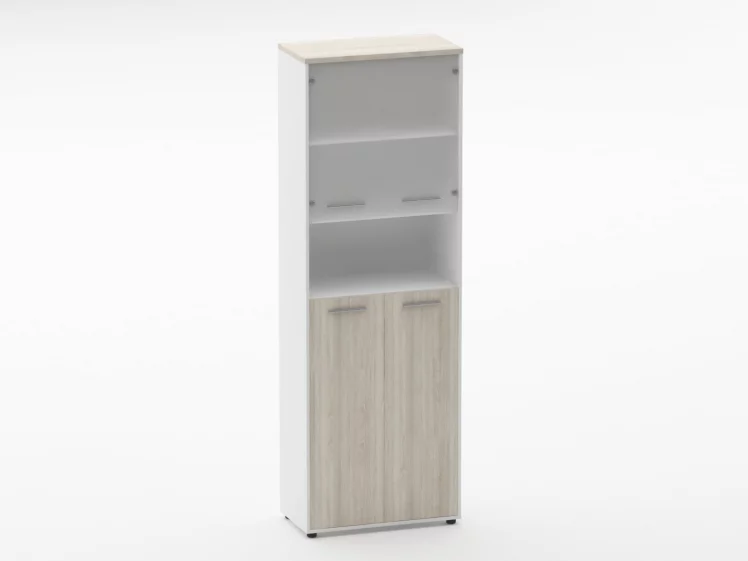 Шкаф 5 широкий  верх стеклянная дверь, низ закрытый, с нишей Дека 10.23.201 Дуб Сантана светлый/Белый / Deka_0