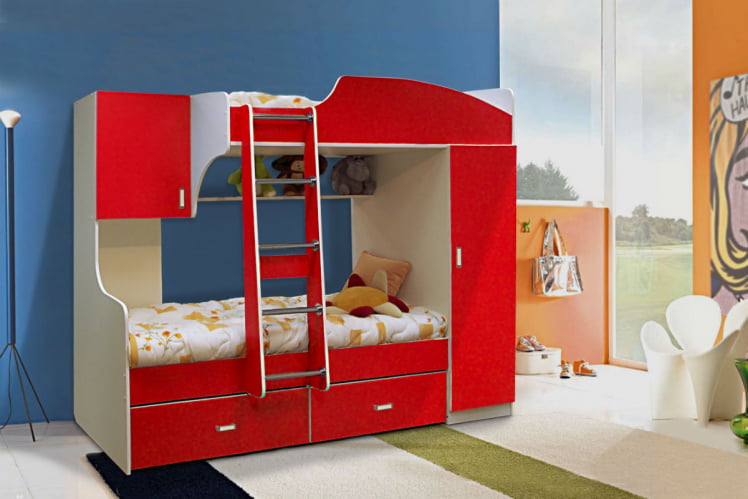 Кровать 2х ярусная №4 с ящиками и шкафом Дуб молочный/Лайм_0