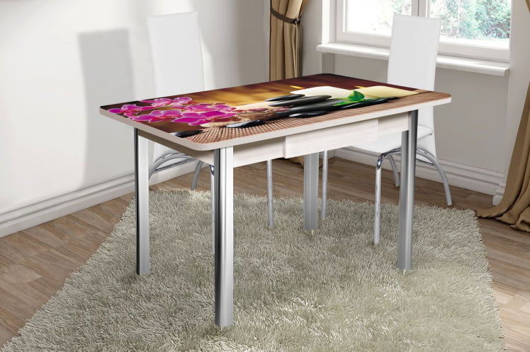 Стол нераздвижной с ящиком 1,2 Победа, СТЕКЛО, опоры полуовал ХРОМ, Беленый дуб/Р006 / дуб/R006_1