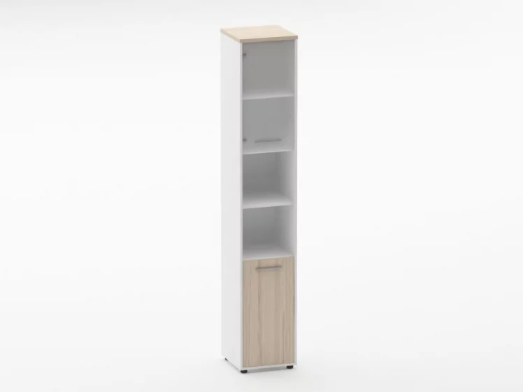 Шкаф 5 узкий верх стеклянная дверь, низ закрытый, две полки открытые Дека 10.23.19Л Туя/Белый / Deka_0