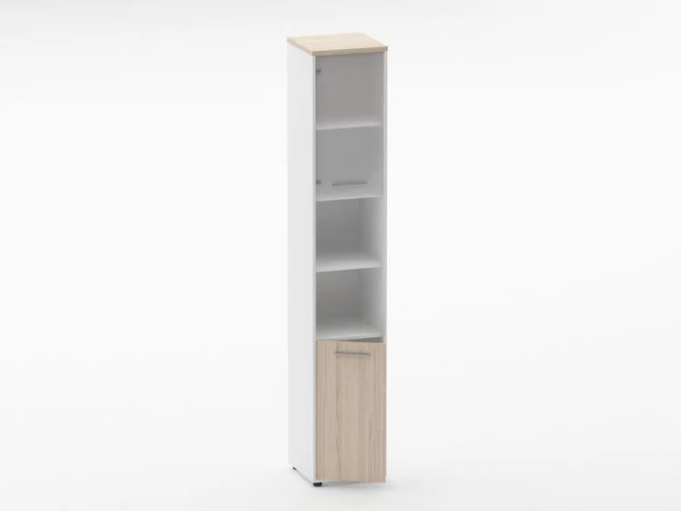 Шкаф 5 узкий верх стеклянная дверь, низ закрытый, две полки открытые Дека 10.23.19Л Туя/Белый / Deka_1