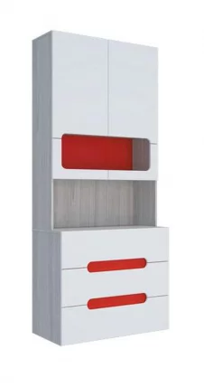 Стеллаж с ящиками Палермо Юниор 04  Белый глянец Ясень шимо светлый Красный_1