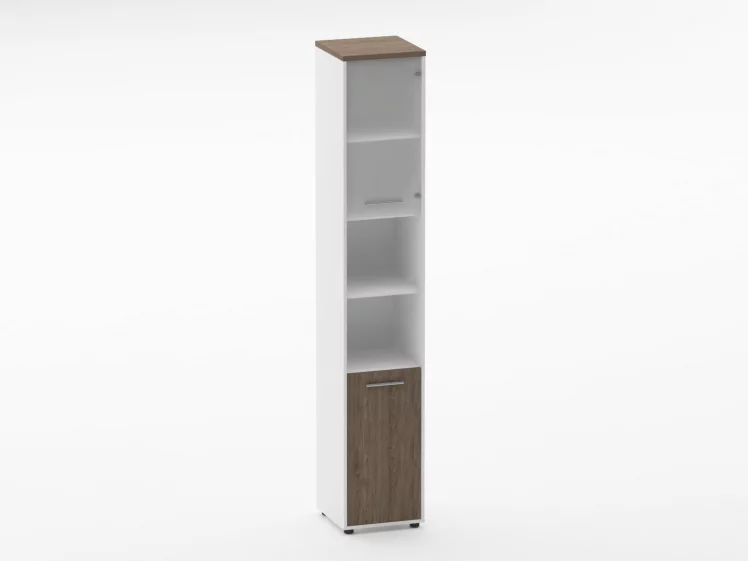 Шкаф 5 узкий верх стеклянная дверь, низ закрытый, две полки открытые Дека 10.23.19Пр Дуб Верцаска/Белый / Deka_0