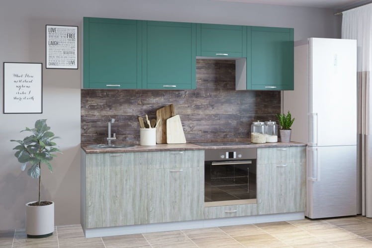 Гарнитур кухонный 2400 (врезная мойка) супермат бирюза/береза сильвер_0