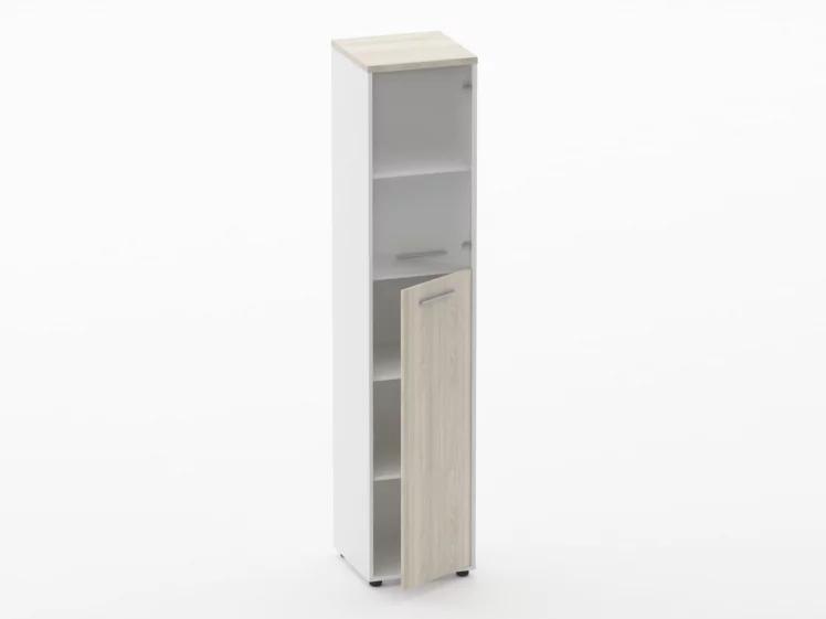 Шкаф 4 узкий  верх стеклянная дверь, низ закрытый Дека 10.19.19Пр Дуб Сантана светлый/Белый / Deka_1