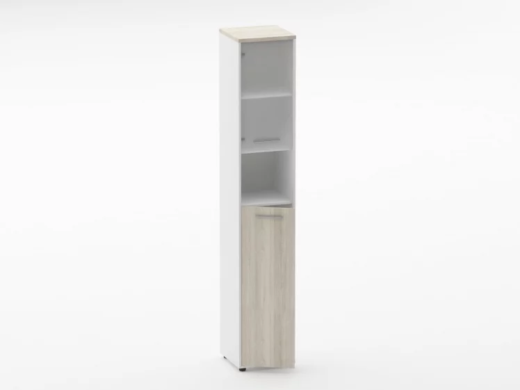 Шкаф 5 узкий верх стеклянная дверь, низ закрытый, с нишей Дека 10.23.20Л Дуб Сантана светлый/Белый / Deka_1