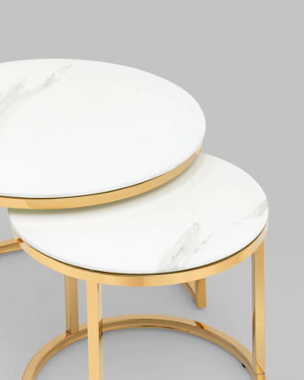 Журнальный столик Селена 60 и 45 см стекло Белый мрамор сталь золото_4
