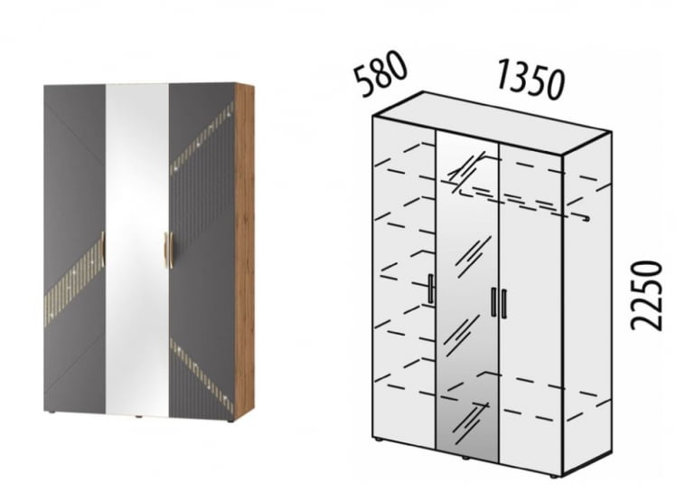 Шкаф трехдверный с зеркалом (лев/прав) Монако 902.12 Дуб Вотан Графит_1
