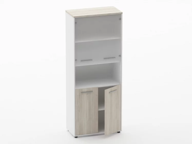 Шкаф 4 широкий верх стеклянные двери, низ закрытый, с нишей Дека 10.19.181 Дуб Сантана светлый/Белый / Deka_1