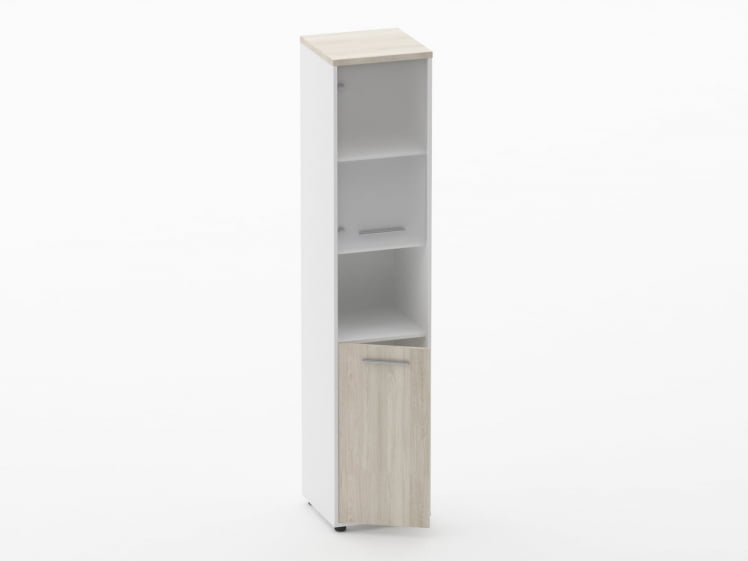 Шкаф 4 узкий верх стеклянная дверь, низ закрытый, с нишей Дека 10.19.18Л Дуб Сантана светлый/Белый / Deka_1