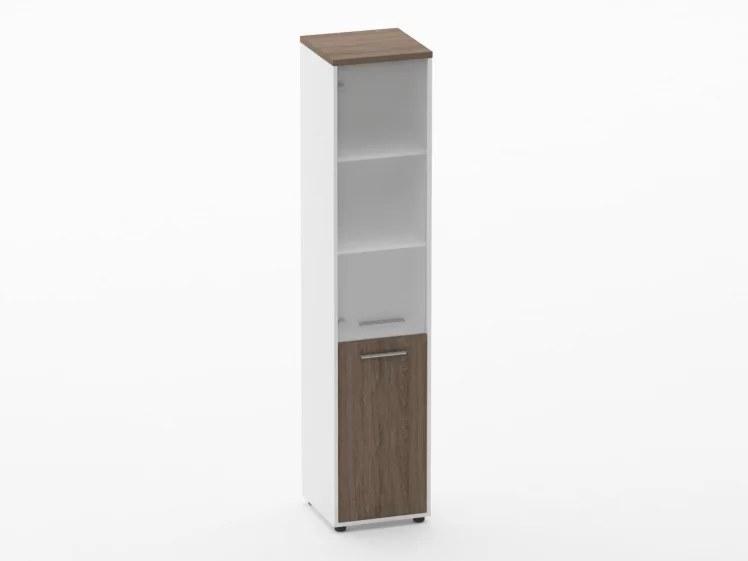 Шкаф 4 узкий верх стеклянная дверь, низ закрытый Дека 10.19.17Л Дуб Верцаска/Белый / Deka_0