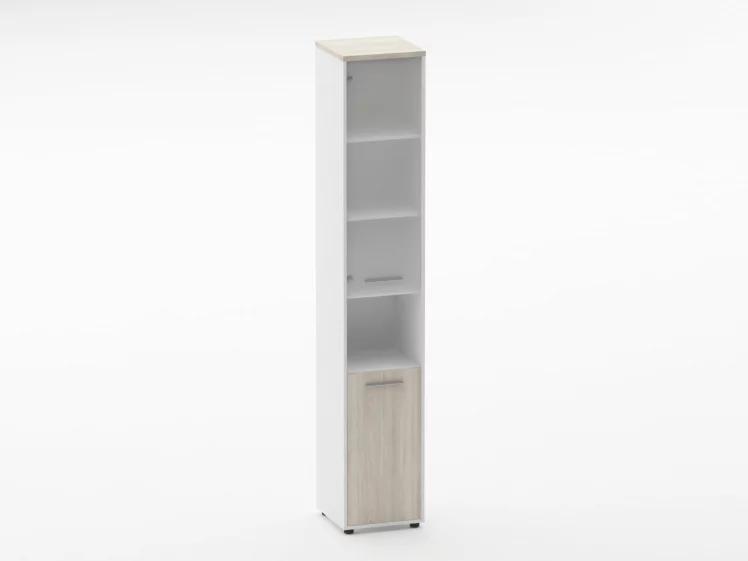 Шкаф 5 узкий верх стеклянная дверь, низ закрытый, с нишей Дека 10.23.18Л Дуб Сантана светлый/Белый / Deka_0