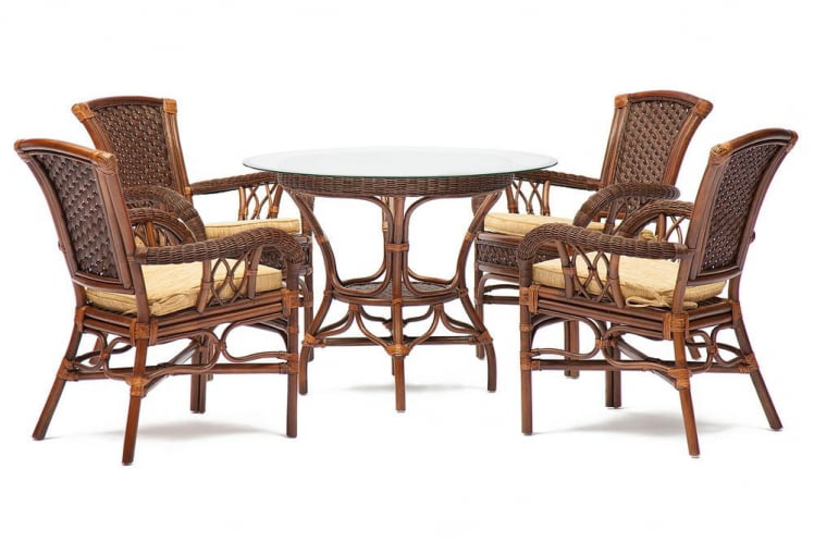 Комплект обеденный АНДРЕА ( стол со стеклом + 4 кресла + подушки) Пекан Вашед (античн. орех), Ткань рубчик, цвет кремовый / ANDREA Pecan Washed_0