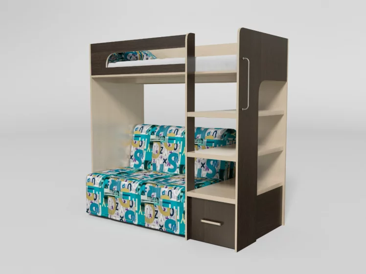 Кровать 2х ярусная №10 с диваном-Аккордеон Дуб молочный/Венге_0