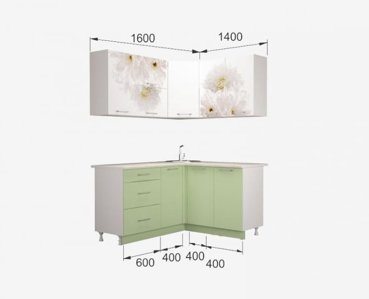 Кух. гарнитур Флоренс ГРИН угловой, 1.4*1.6м, МДФ белый гл/зеленый суперматовый ПФ №182 (б/с 800)_0