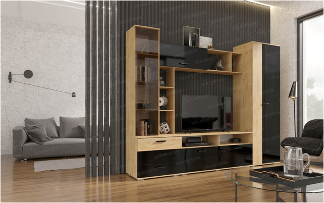 Гостиная Крокус Дуб вотан/Чёрный глянец_2