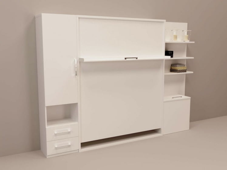 Шкаф-кровать Смарт 1 с полками 1600 правый Белая шагрень_0