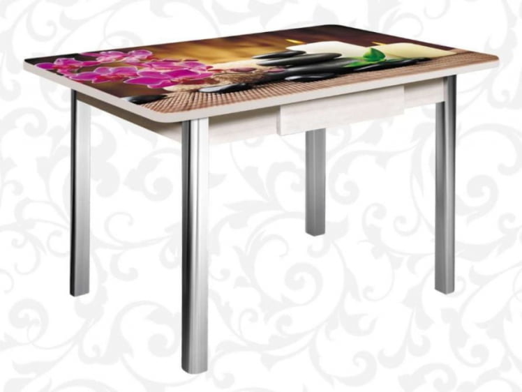 Стол нераздвижной с ящиком 1,2 Победа, СТЕКЛО, опоры полуовал ХРОМ, Беленый дуб/Р006 / дуб/R006_0