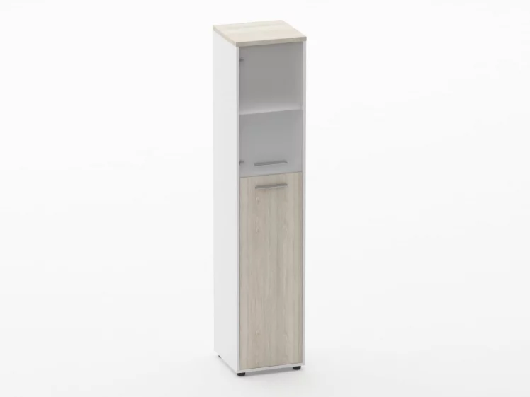 Шкаф 4 узкий  верх стеклянная дверь, низ закрытый Дека 10.19.19Л Дуб Сантана светлый/Белый / Deka_0