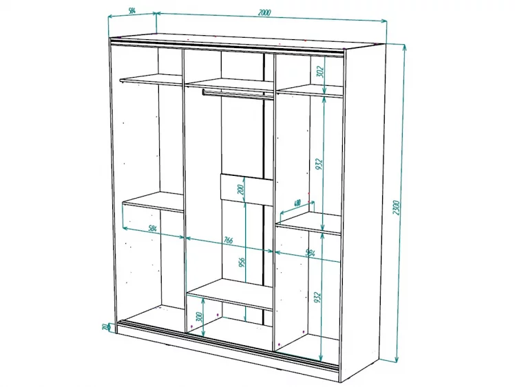 Шкаф-купе 3-х дверный Виктория 2000х584х2300, Белый 20ДЗДЗДЗ-ЯЯПП-Б 310-3313_2