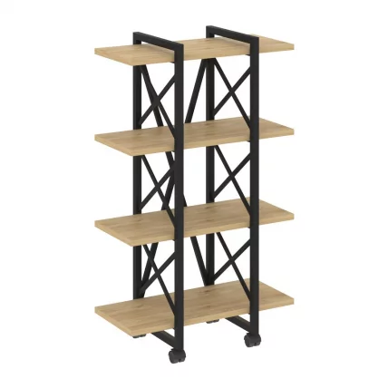 Стеллаж на колесных опорах - 4 полки ЛОФТ  ВР.Л-МСТ.К-4.4В Металл черный Тиквуд светлый / LOFT VR.L-MST.K-4.4V_0