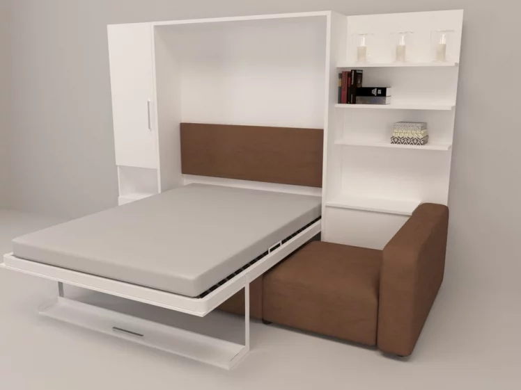 Шкаф-диван-кровать Смарт 1 левый с полкой и пуфом 1600 Дуб молочный_1