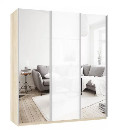 Шкаф-купе трехдверный Прайм 1800 Зеркало/Белое стекло/Зеркало Дуб сонома_0