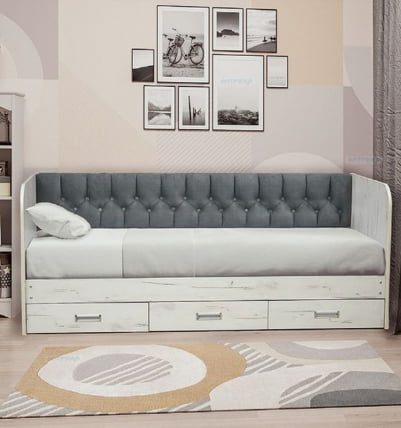 Кровать с продольной мягкой спинкой Софа №14.1 (900х2000) Дуб Крафт серый Велюр 001_0