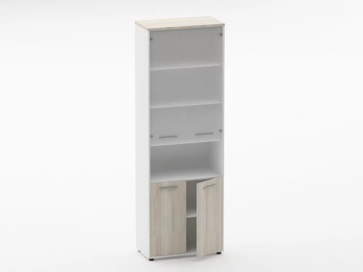 Шкаф 5 широкий верх стеклянная дверь, низ закрытый, с нишей Дека 10.23.181 Дуб Сантана светлый/Белый / Deka_1