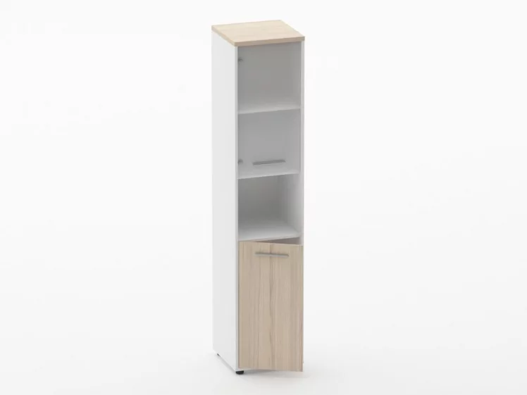 Шкаф 4 узкий верх стеклянная дверь, низ закрытый, с нишей Дека 10.19.18Л Туя/Белый / Deka_1