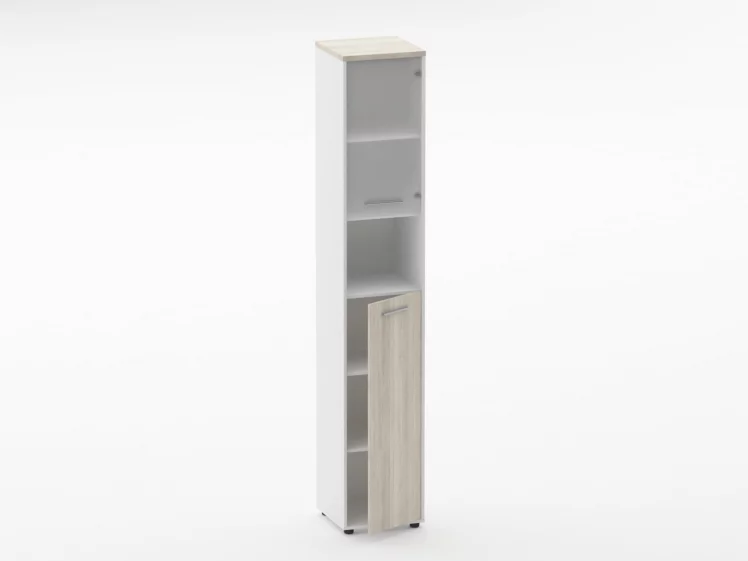 Шкаф 5 узкий верх стеклянная дверь, низ закрытый, с нишей Дека 10.23.20Пр Дуб Сантана светлый/Белый / Deka_1