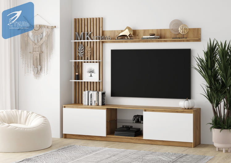 Стенка Бостон НМ-001 Дуб крафт золотой/Белый глянец_0